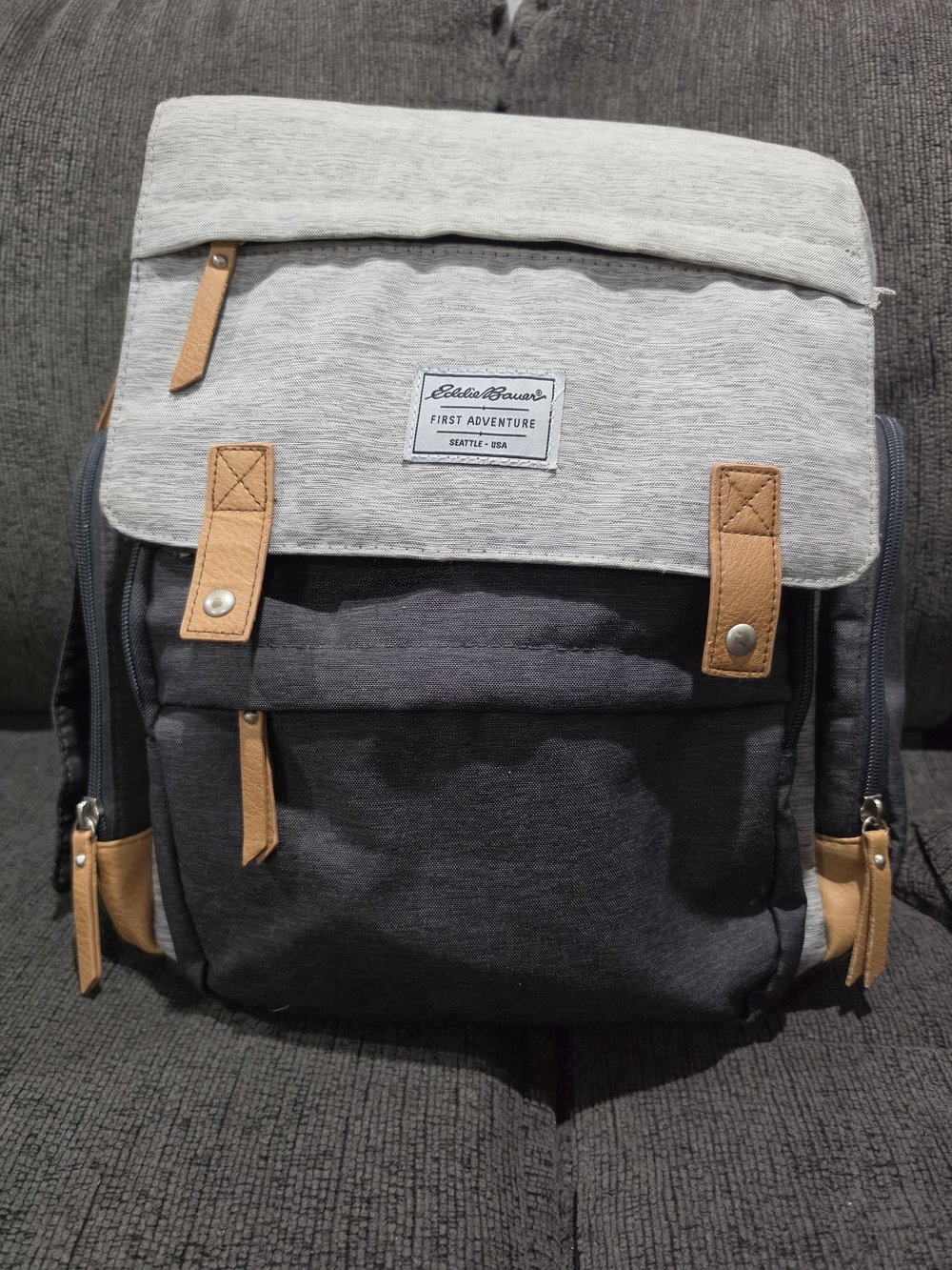 Eddie Bauer Two-Tone Gray and Tan Baby Backpack Diaper Bag